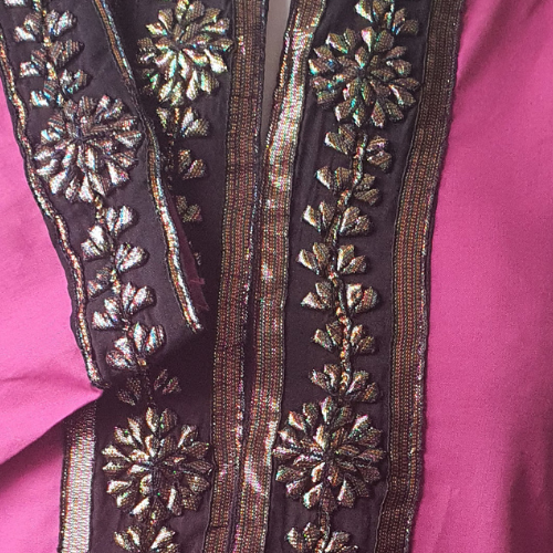closeup of yoke and sleeve border l nazo cotton gota frock by afshan shahid