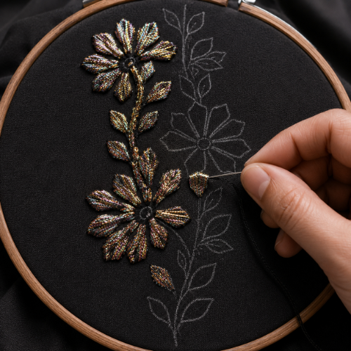 folded gota shapes – petals and leaves l nazo cotton gota frock by afshan shahid