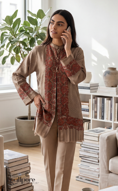 front view of the jacket l dureshewar pashmina shawl by afshan shahid