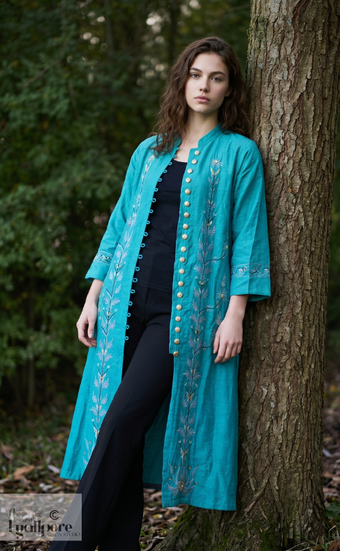 neel teal full length view l zareen long jacket emb website by afshan shahid
