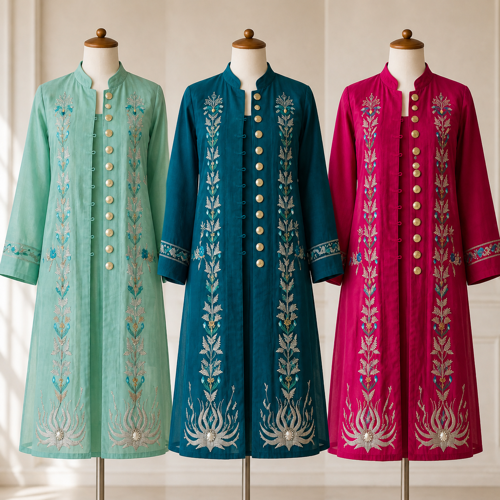three colourways one design three moods l zareen long jacket emb website by afshan shahid