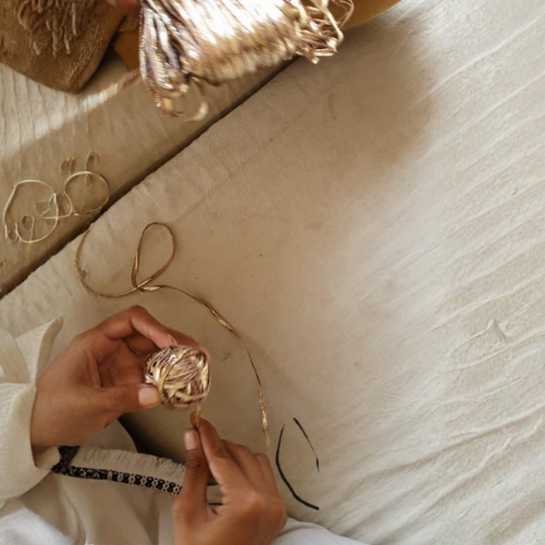 winding metallic gota ribbons by hand l nazo cotton gota frock by afshan shahid